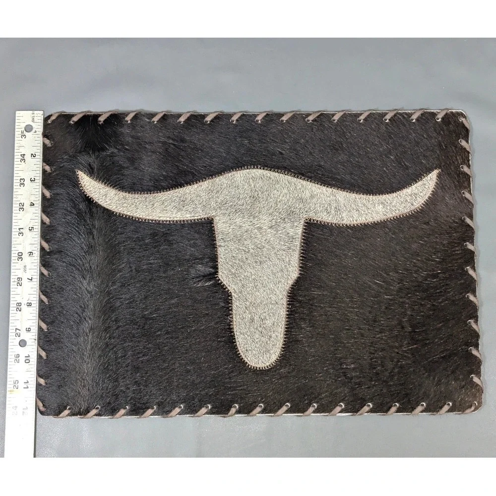 Western Cowhide Placemat Longhorn Inlay Whipstitch Dark Brown 16.5x11.5